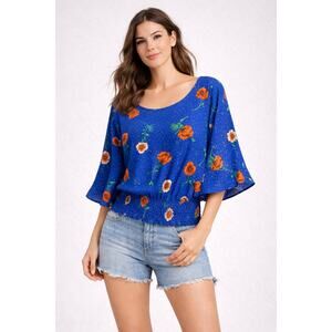 Lipslide Blue Floral Peasant Blouse Large Boho Smocked Waist Bell Sleeve Top